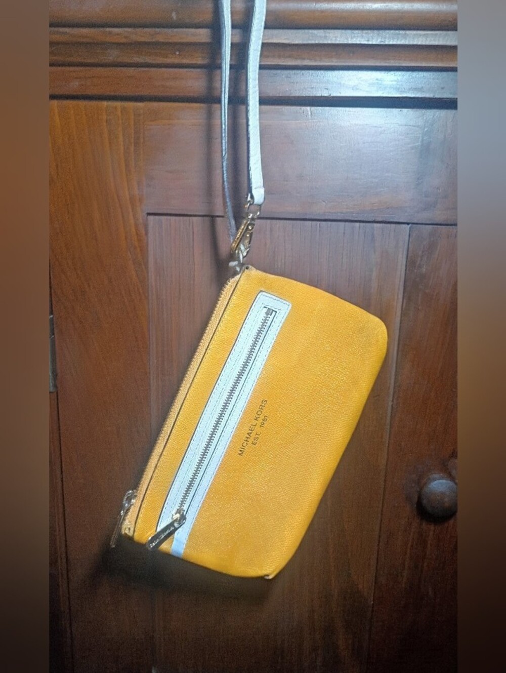 Michael Kors Yellow & White Pebbled Leather Wristlet Crossbody